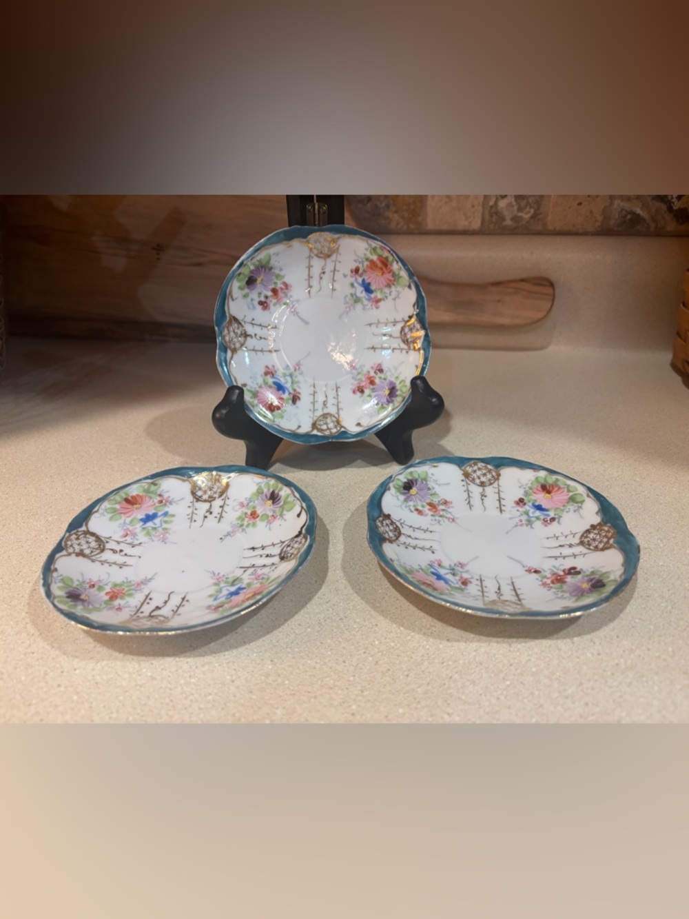 Set of 3 Antique Floral Gold-Trim Porcelain Saucers